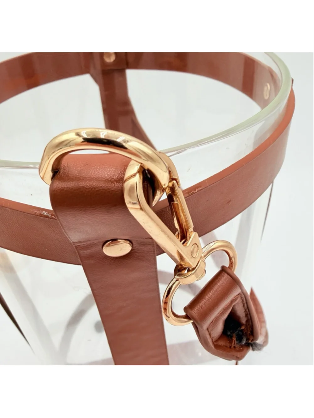 Modern Clear Glass Cylinder Vase w/ Brown Leather Harness Strap Gold Tone 10.5”
